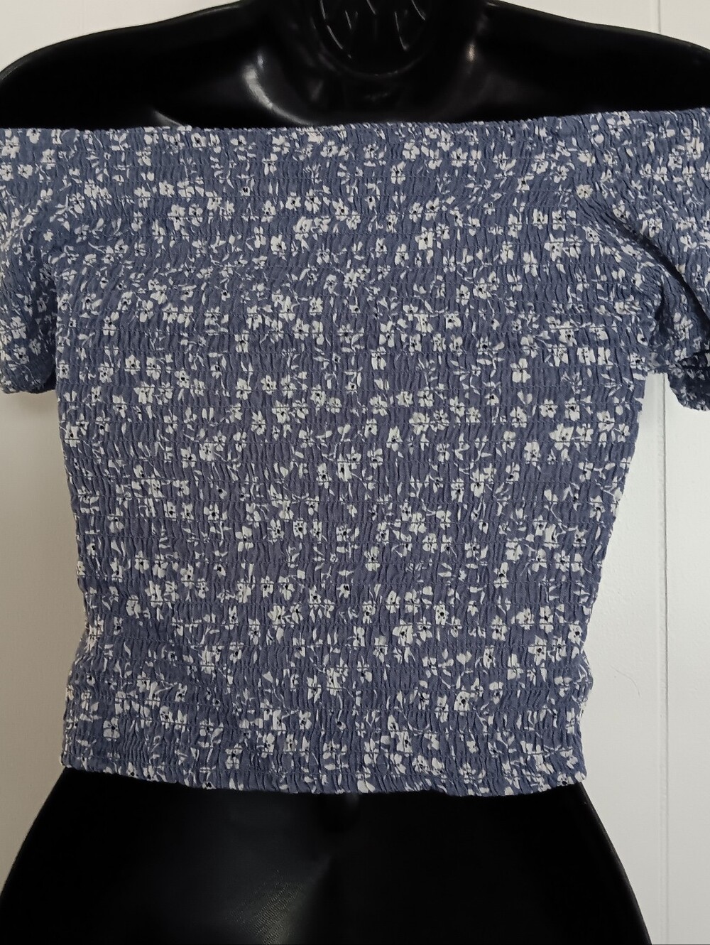 Japna Blue Smocked Off-Shoulder Floral Crop Top